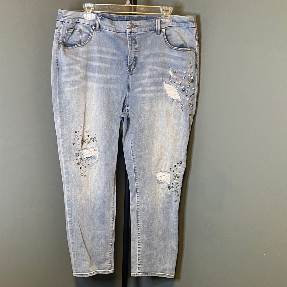 Chico's Distressed Embellished Blue ankle  Jeans